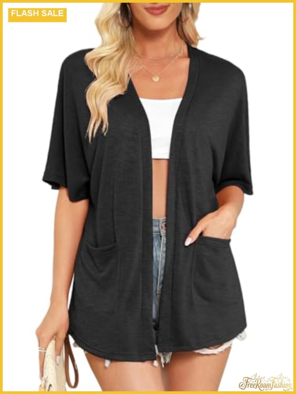 Short Sleeve Open Front Cardigan Lightweight Summer Thin with Pockets